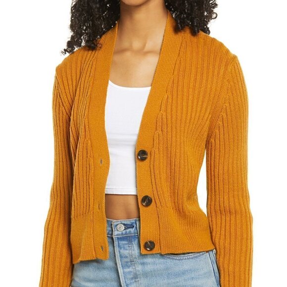 Lulus Rib Crop V-Neck Button Cardigan Sweater in Camel Color - Picture 2 of 5